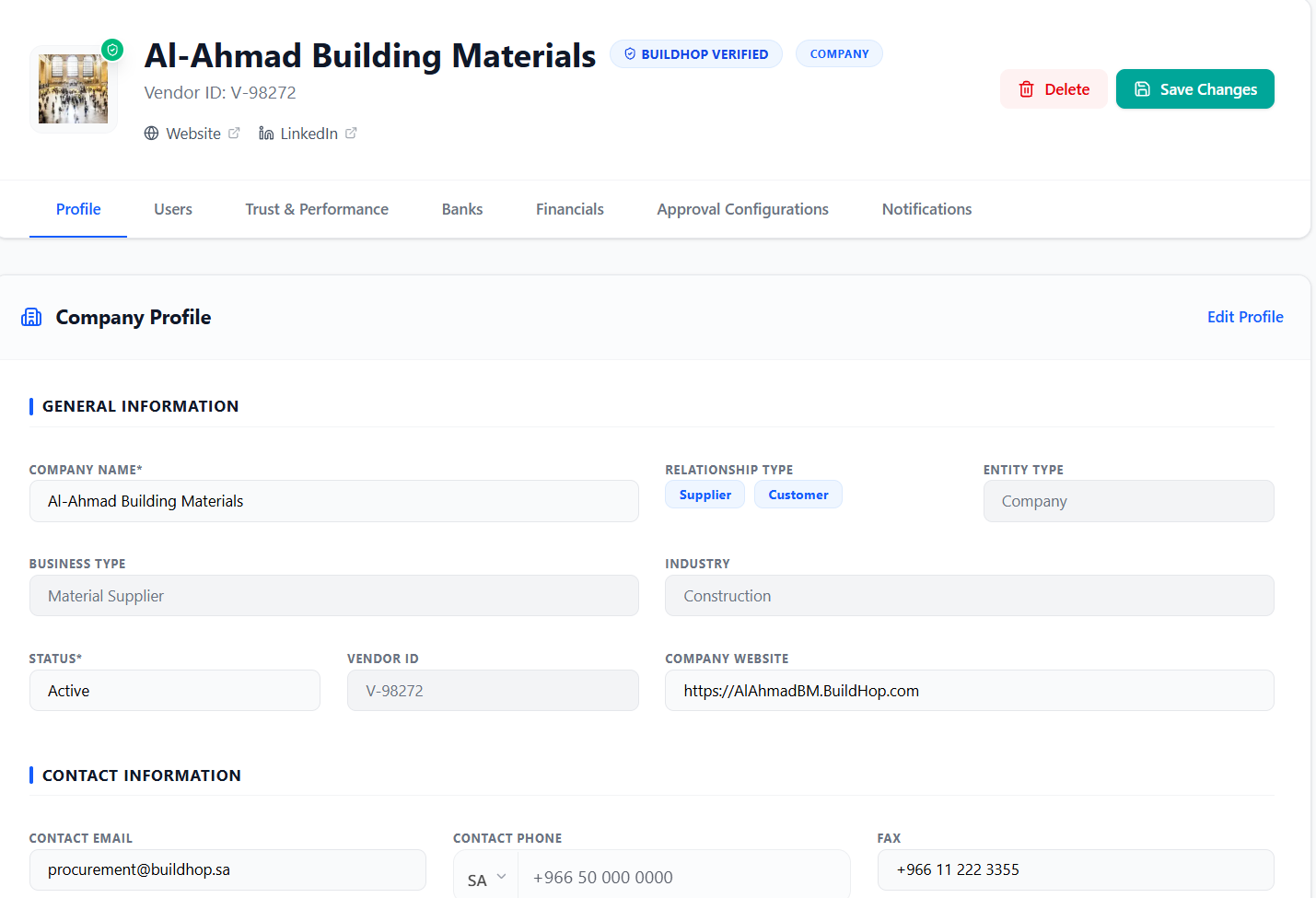 Verified vendor company profile in BuildHop